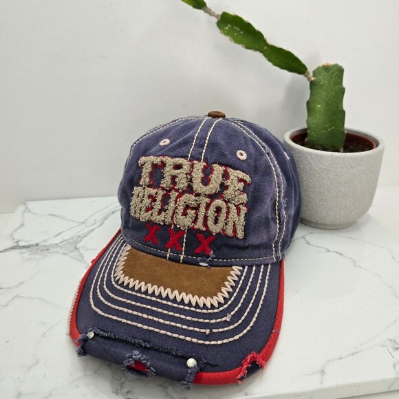 True Religion | vintage Y2K blue distressed adjustable baseball hat | one size - Picture 1 of 8